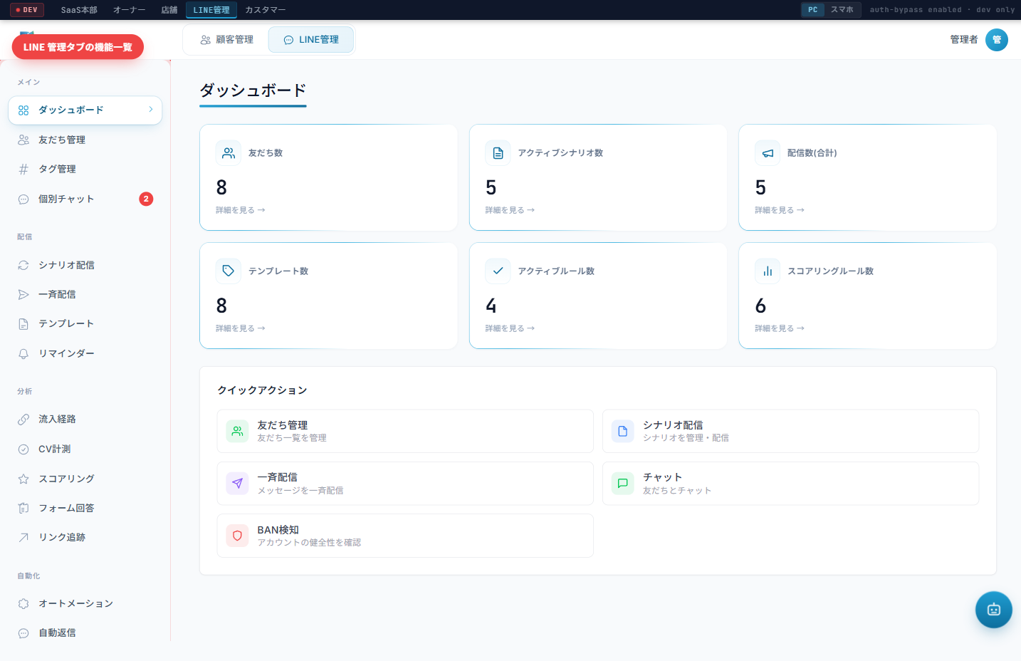 LINE 管理タブのサイドバー ― すべての機能カテゴリが整理されています。
