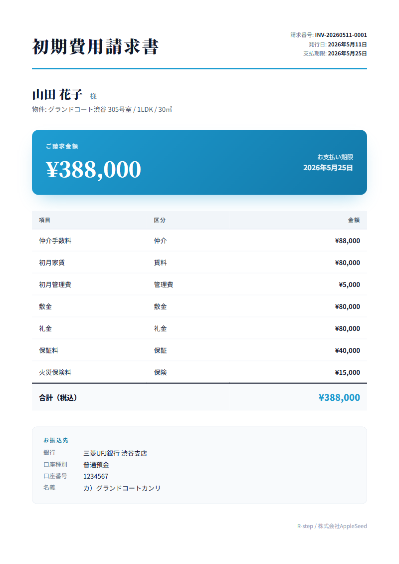② 自動生成された請求書 PDF ― 店舗ブランドで自動レイアウトされ、顧客ポータルにも即時公開。