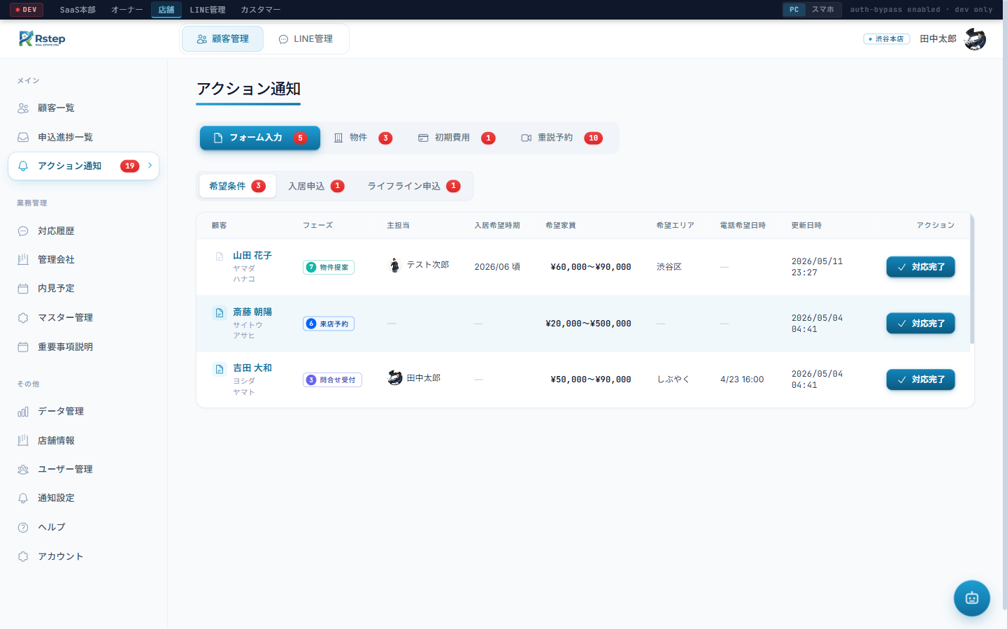アクション通知 (全体) ― お客様の重要行動が「フォーム入力 / 物件 / 初期費用 / 重説予約」のカテゴリ別に分類され、「対応完了」を押すまで消えない。